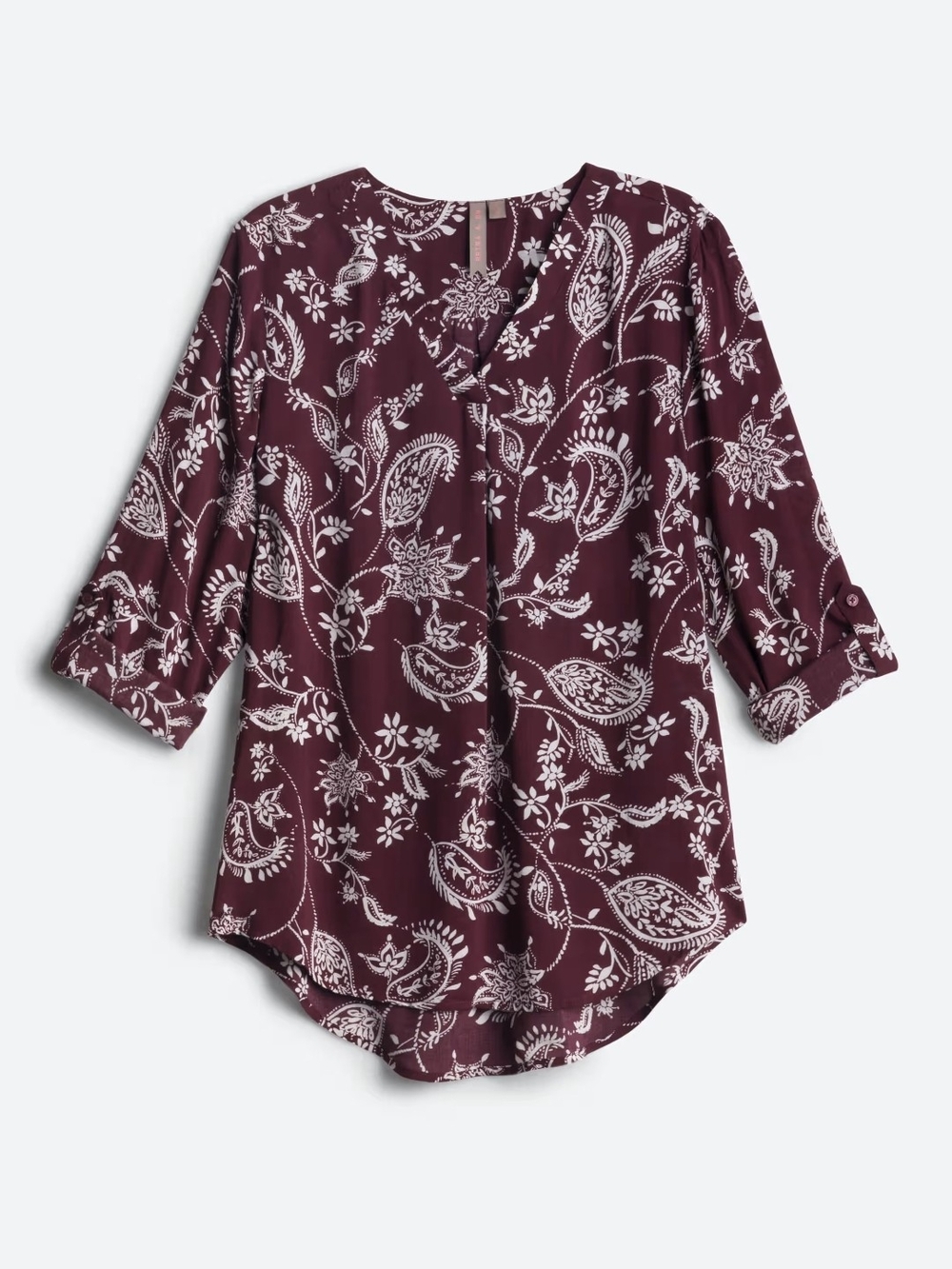 Brina & EM Women's Burgundy Paisley Roll-Sleeve Blouse